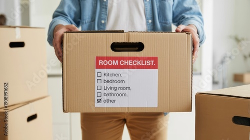 Adult person carefully carrying a labeled cardboard moving box with a room checklist for organized relocation indoors in