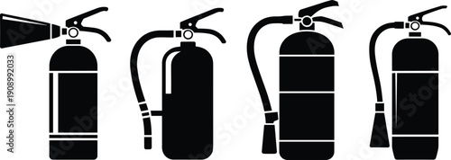 Fire Extinguisher Set Silhouette Collection – Black Vector Icons of Safety Equipment for Emergency, Fire Protection, Industrial and Workplace Hazard Prevention Design