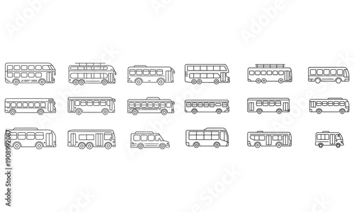 Public Transport Vehicle Line Icon Set – Bus and Minibus Outline Collection
