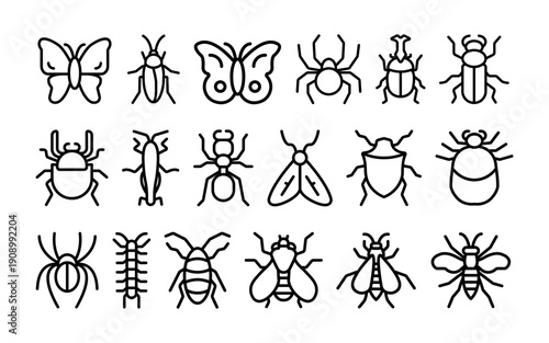 Set of black outline insect icons including butterfly, beetle, spider, ant, fly, and bug symbols for nature, biology, and pest control design projects.