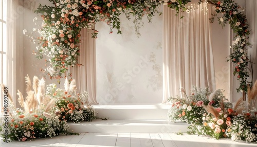 An elegant wedding backdrop featuring a floral arch, soft curtains, and a raised stage