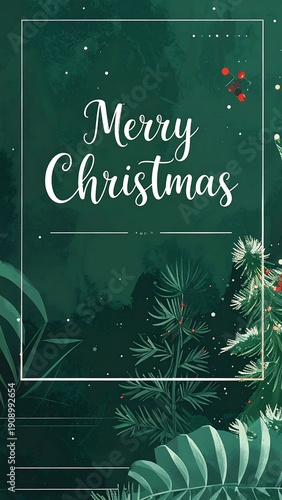 A dark green Christmas card with white text and foliage design