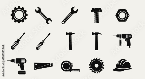 Construction Tools Black Icons Set on White Background
