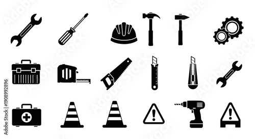 Construction Tools Icons Set, Repair Equipment Symbols