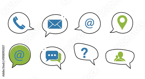 Contact Us Icons in Speech Bubbles: Communication Methods