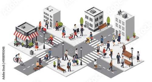 Isometric city street with people and buildings.