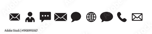 Assortment of solid black icons showing contact methods like mail chat phone person location and globe