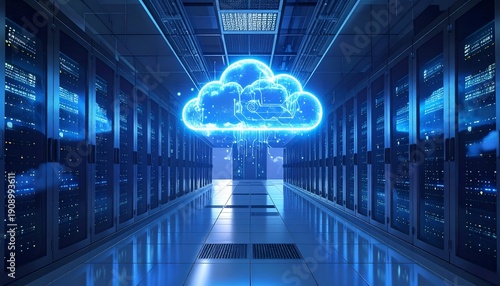 Glowing cloud icon hovers over server racks in data center corridor
