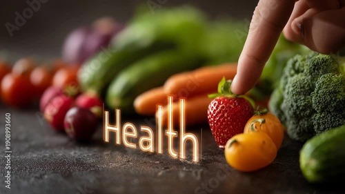 Colorful vegetables and ripe fruits come together as a hand reaches for a strawberry. Embrace healthy living with nature's bounty and make nourishing choices part of your life.