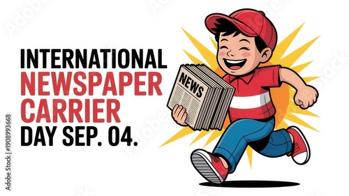 Joyful energetic young paperboy cartoon character runs happily delivering newspapers with a big smile and enthusiastic e