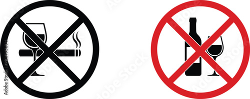 No Smoking and No Alcohol Prohibition Sign Icon Set with Warning Symbols Collection