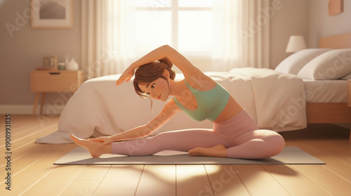Woman doing seated side stretch yoga pose on mat in bright bedroom