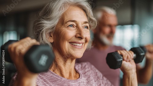 A smiling senior woman enjoys weight training, assisted by a caring trainer. They are in a bright gym atmosphere that promotes health and fitness. The trainer encourages her as she lifts dumbbells.