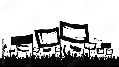 Silhouette Protest Crowd with Blank Placards and Raised Banners for Civic Demonstrations, Social Justice Campaigns and Nonprofit Advocacy