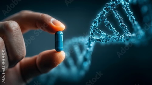 In a sleek laboratory, a hand holds a blue pill while showcasing the intricate DNA strand. This moment captures the essence of health innovation and the promise of better well-being.