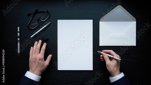 Professional hands holding a pen ready to write on a blank white paper document on a dark elegant wooden desk with offic