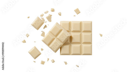 White chocolate bars and chunks floating in air
