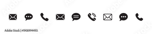 Collection of simple black communication icons representing mail chat and telephone contact methods