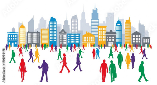 Diverse crowd of people walking in a vibrant city skyline illustration.