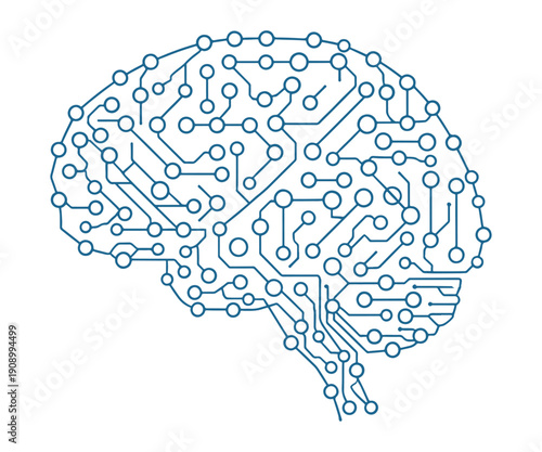 A blue outline of a brain composed of circuit board lines
