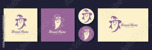 Cute ghost magic hat logo set vector illustration for halloween and baby apparel branding.