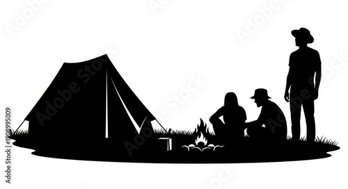 Camping scene with tent and people around campfire silhouette.