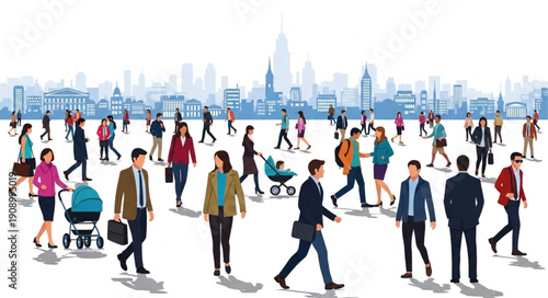Diverse group of people walking in a busy city street illustration.
