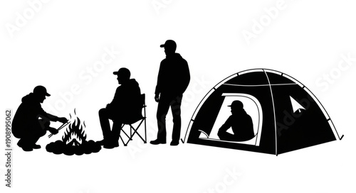Camping silhouette with people and tent around campfire.
