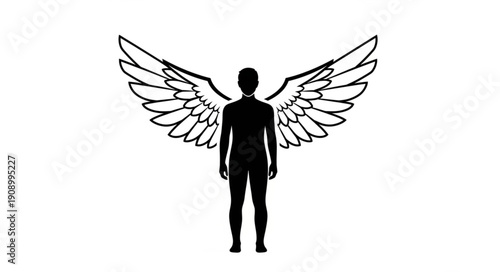 Stylized Silhouette of a Human Figure with Large Outstretched Wings.