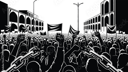 Mass Public Rally in Urban Plaza with Dense Crowd and Banner Lines for News Reporting, Social Movement Coverage and Event Documentation