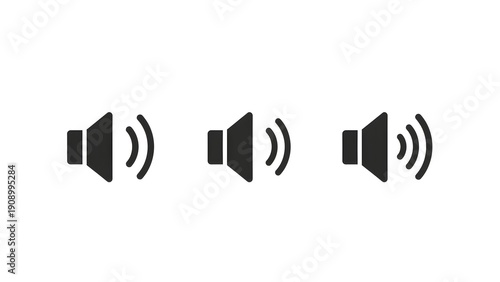 Row of three classic black speaker icons with increasing sound waves, clearly illustrating low, medium, and high audio levels in a clean minimal style for system volume indicators, media players, and 