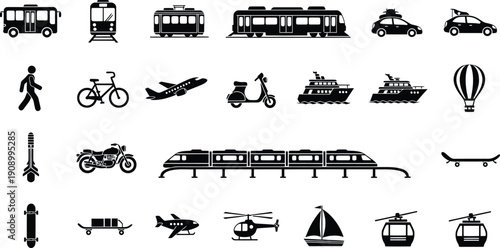 Comprehensive Set of Transportation Icons: Cars, Trains, Planes, and More