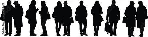 Black silhouettes of diverse people standing and walking in a row, urban crowd concept for business, commuting, social interaction, and anonymity isolated on white background