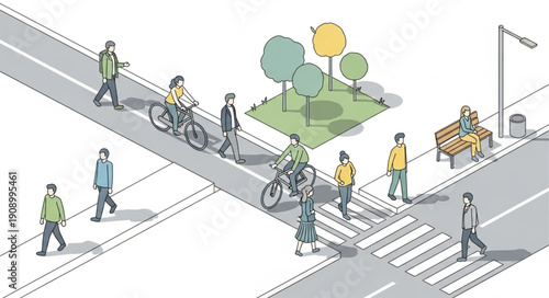 Diverse group of people walking and cycling in an urban park setting.