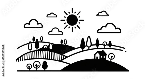 Simple Black and White Rural Landscape Illustration with Hills and Sun.
