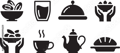 This vector illustration displays eight distinct black silhouette icons related to food and serving.