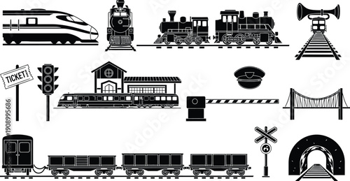 Comprehensive Train and Railway Icons: Locomotives, Stations, and Infrastructure