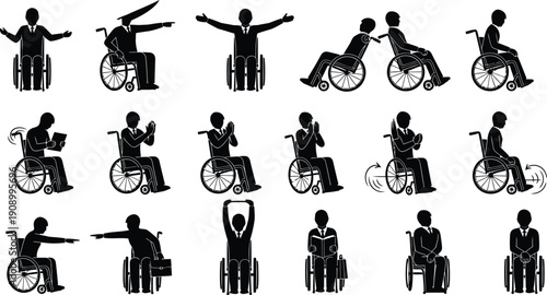 Diverse set of silhouette icons representing people in wheelchairs engaged in various activities