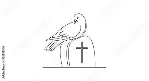 Dove resting on tombstone with cross, mourning vector illustration