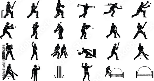 Dynamic collection of silhouette icons depicting cricket players in action during a match
