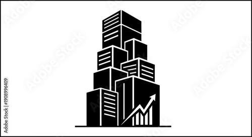 Black and white city skyscrapers icon.
