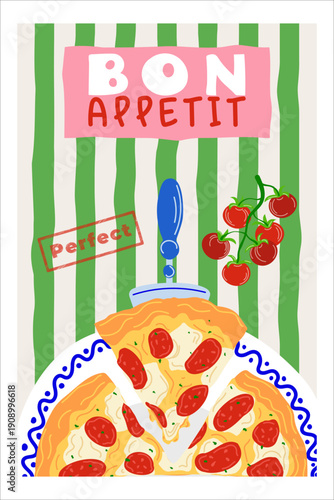 Vintage illustration of Italian pizza. Bon Appetit Pizza. Retro hand-drawn illustration of a pizza slice for a wall poster for a restaurant, pizzeria, or cafe. Vector illustration.