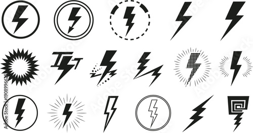 Assorted lightning bolt icons in black and white, representing energy, power, and speed