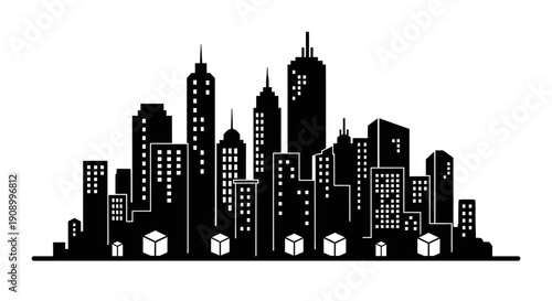 Black silhouette of city skyscrapers.