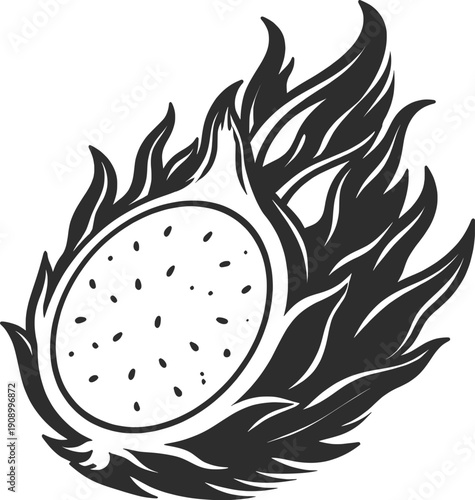 Dragon Fruit in Flames Bold Black and White Illustration.