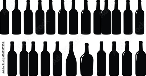 Wine Bottle Silhouette Icon Set with Different Glass Shapes Alcohol Beverage Symbols Collection