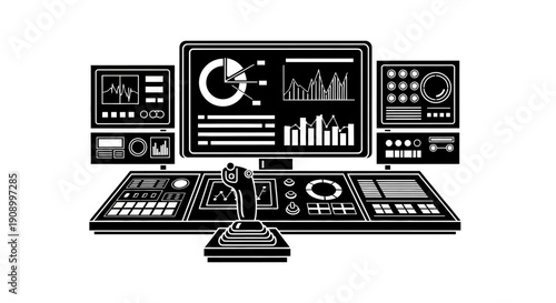 Tableau sur toile Control room workstation with multiple monitors.