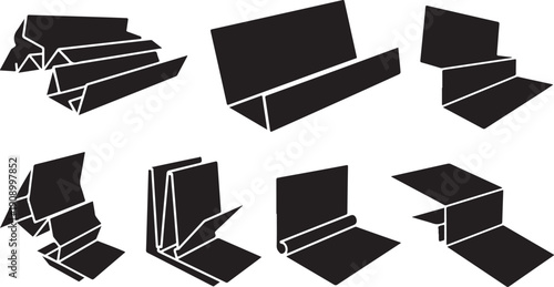 Black and white paper box designs in various orientations