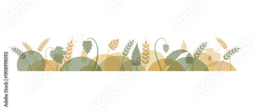 Stylized barley and hops vector border on white background. Decorative wheat grain illustration for brewery or Oktoberfest design