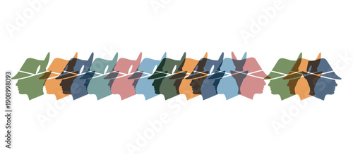 Colorful overlapping silhouettes of people wearing Bavarian hats. Abstract vector border of traditional Tyrolean headwear for Oktoberfest